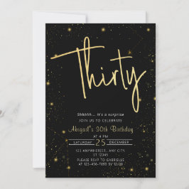 Convites Galaxy Script Black and Dourado aniversário de 30 