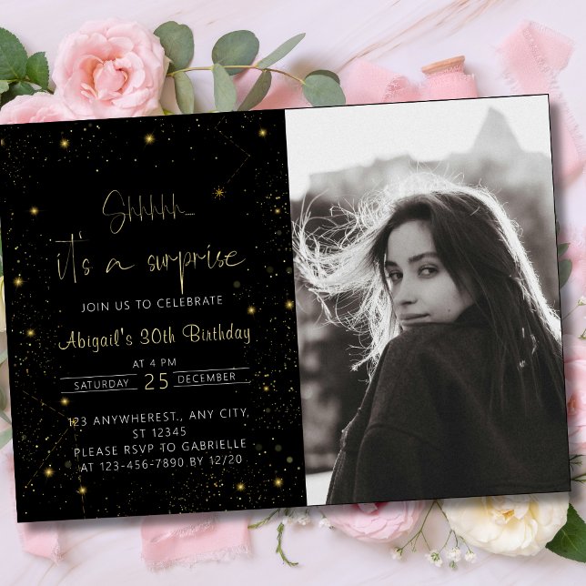 Convites Galaxy Script Photo Black and Dourado Festa de ani ( Galaxy Script Photo Black and Gold Birthday Party Invitation ()