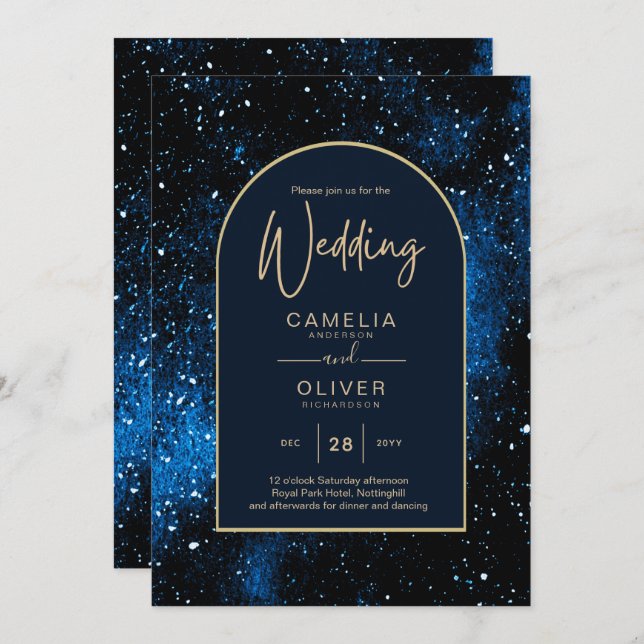 Convites Galaxy Starry Night Marinho Blue Dourado Casamento (Frente/Verso)