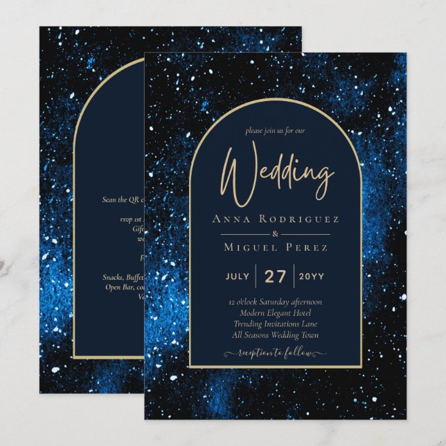 Convites Galaxy Starry Night Marinho Blue Dourado Casamento (Frente/Verso)