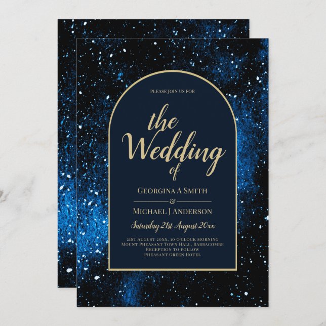 Convites Galaxy Starry Night Marinho Blue Dourado Casamento (Frente/Verso)