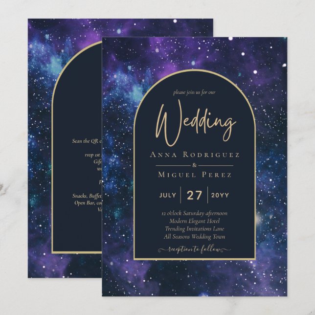 Convites Galaxy Starry Night Purple Blue Casamento Dourado (Frente/Verso)
