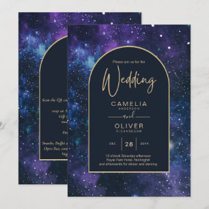 Convites Galaxy Starry Night Purple Blue Casamento Dourado