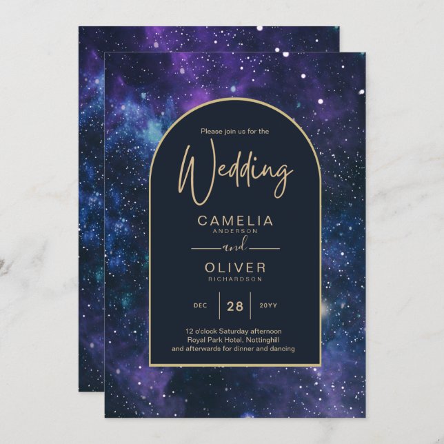 Convites Galaxy Starry Night Purple Blue Casamento Dourado (Frente/Verso)