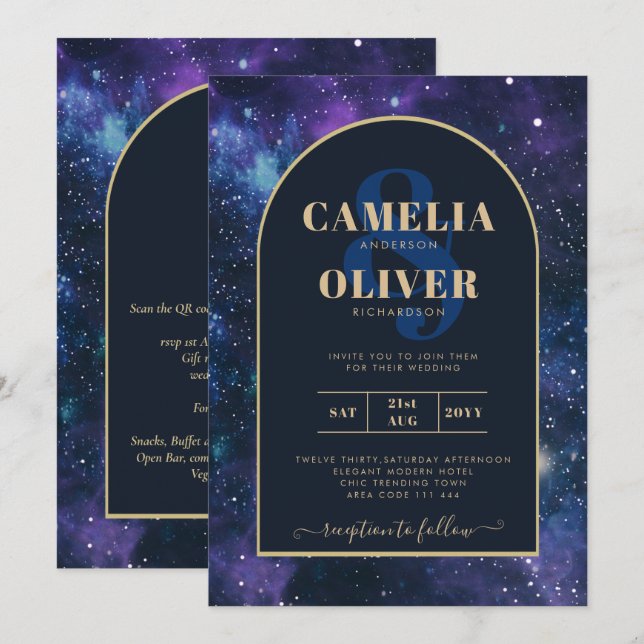 Convites Galaxy Starry Night Purple Blue Casamento Dourado (Frente/Verso)