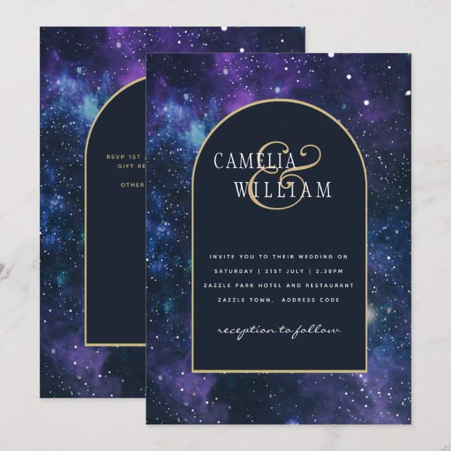 Convites Galaxy Starry Night Purple Blue Weding (Frente/Verso)