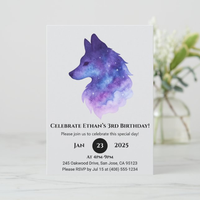 Convites Galaxy Wolf Birthday (Em pé/Frente)