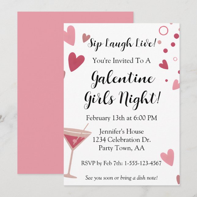 Convites Galentine Garotas Saída Noturna Martini Rosa (Frente/Verso)