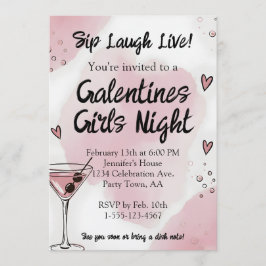 Convites Galentine Girls Night Out Martini Pink and Black