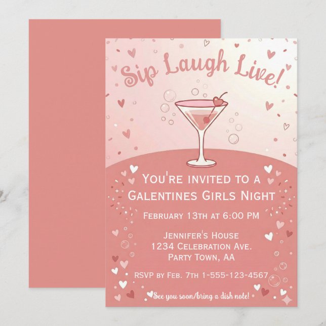 Convites Galentine Girls Night Out Sip Laugh Live in Pink  (Frente/Verso)