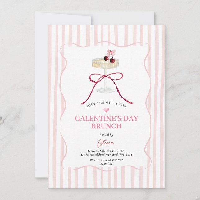 Convites Galentine’s Day Brunch Invitation | Pink Stripe (Frente)
