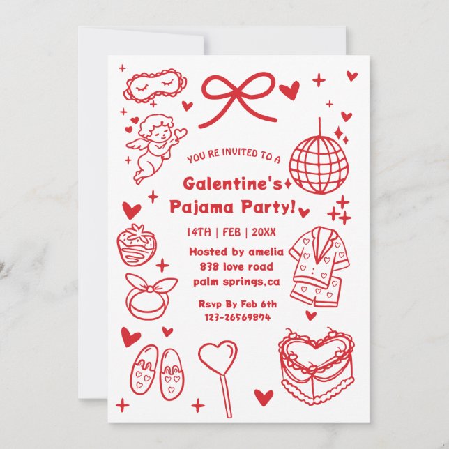 Convites Galentine’s Pajama, Night Valentine Hand Drawn  (Frente)
