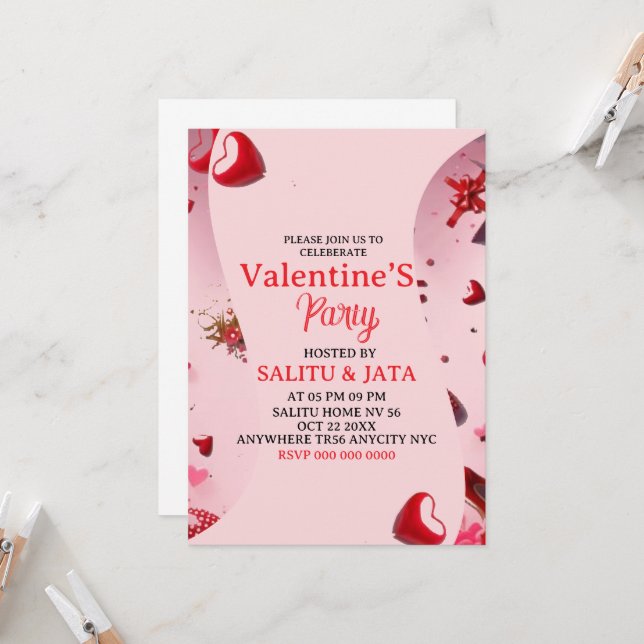 Convites Galentine’s Party Invitation, Pink Heart & Bow Bir (Frente/Verso In Situ)