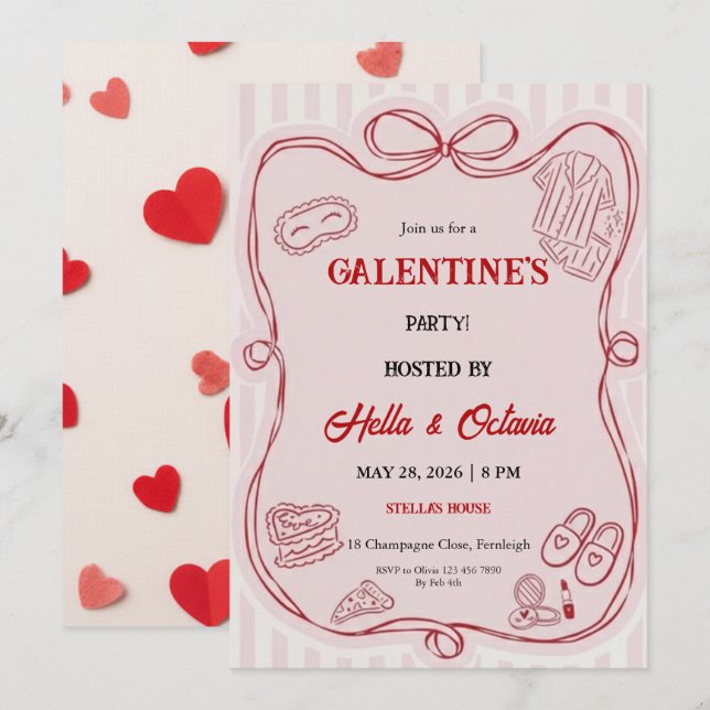 Convites Galentine’s Party Invitation Printable, Pink & Red (Frente/Verso)