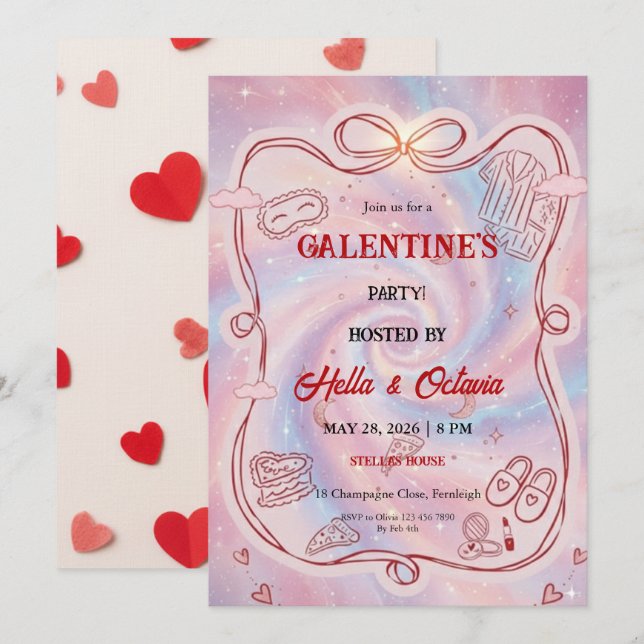 Convites Galentine’s Party Invitation Printable, Pink & Red (Frente/Verso)
