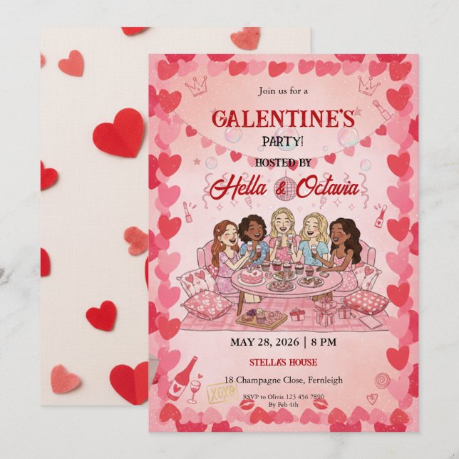 Convites Galentine’s Party Invitation Printable, Pink & Red (Frente/Verso)