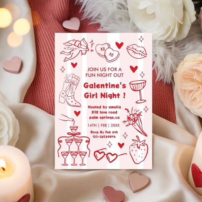 Convites Galentine’s Party, Night Valentine Hand Drawn  (Criador carregado)