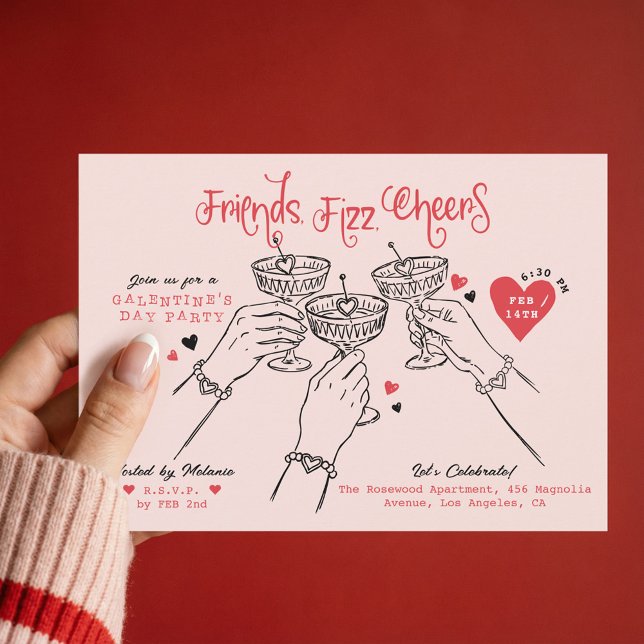 Convites Galentine’s Pink Red Hand Drawn Cocktail Party (Galentine’s Pink Red Hand Drawn Cocktail Party Invitation)