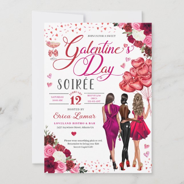 Convites Galentine's Day Girl Friends Brunch Pink Hearts (Frente)