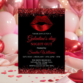 Convites Galentine's Day Night Out Red Glitter Lips