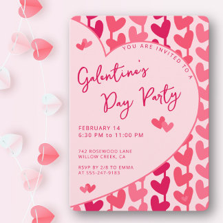 Convites Galentine's Day Party Red Pink Hearts Modern 