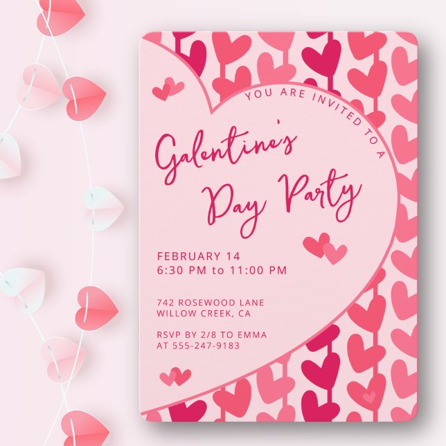 Convites Galentine's Day Party Red Pink Hearts Modern  (Bold pink & red for the perfect girls’ night. Fully customizable party details.)