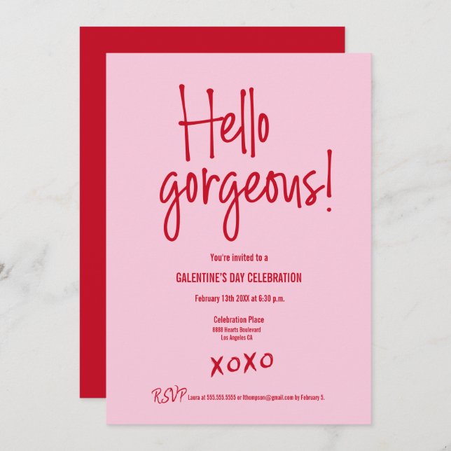Convites Galentine's Day PINK RED Hello gorgeous XOXO (Frente/Verso)