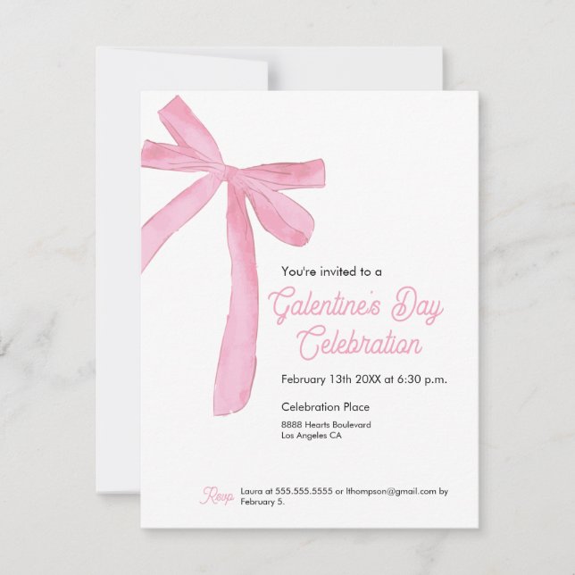 Convites Galentine's day Pink Ribbon Bow Girly modern (Frente)