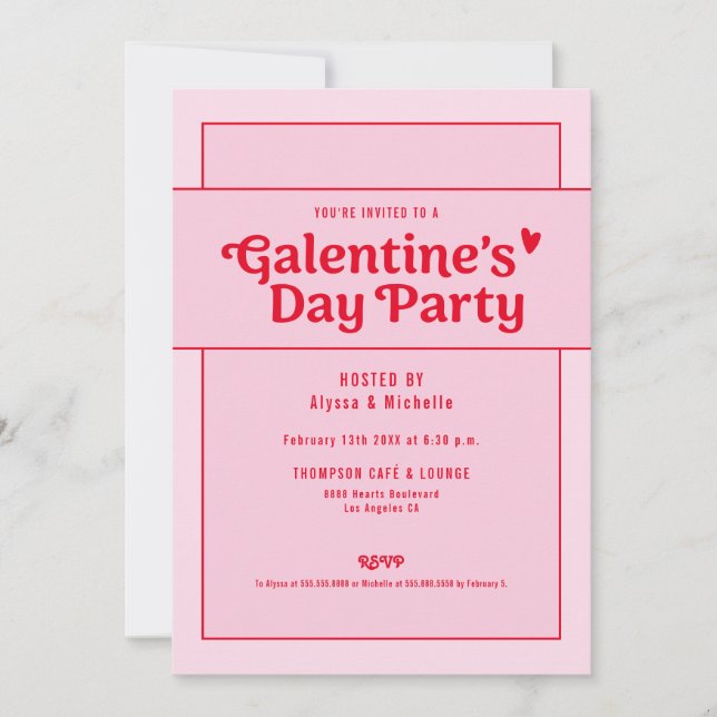 Convites Galentine's Day Red Pink Party Trendy Cool (Frente)