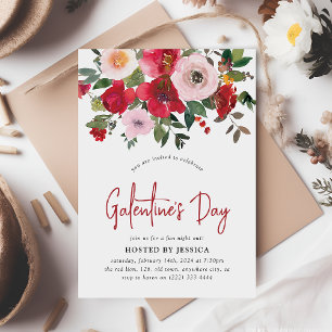 Convites Galentines Floral Rosa e Vermelho Feminino