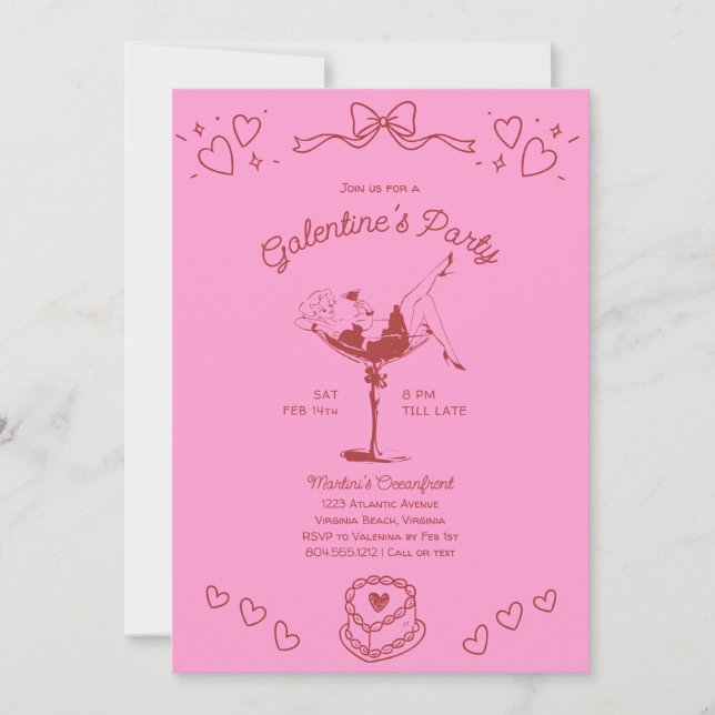 Convites Galentines Girls Night Party Hand Drawn Pink Red  (Frente)