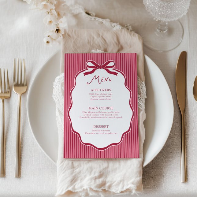 Convites Galentine's Party Cherry Bow Frame Menu Card (Criador carregado)
