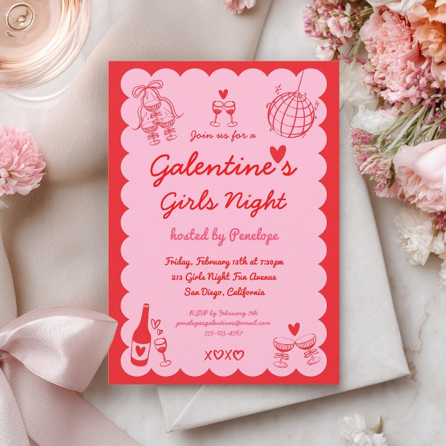 Convites Galentine's Pink Red Hand Drawn Girls Night Party (Criador carregado)