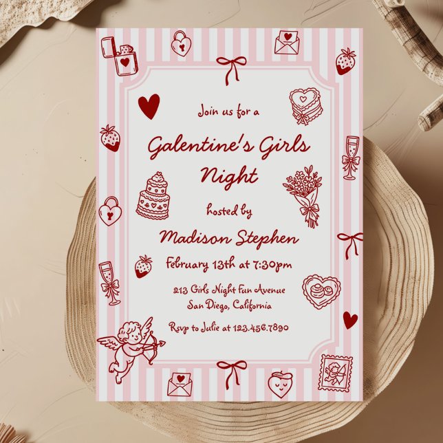 Convites Galentine's Pink Red Hand Drawn Girls Night Party (Criador carregado)