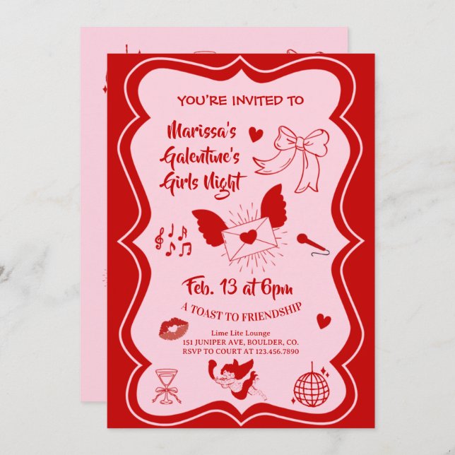 Convites Galentine's Pink Red Hand Drawn Night Party (Frente/Verso)