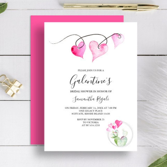 Convites Galentines Themed Chá de panela (Bridal shower invitation for Valentine's Day features watercolor pink hearts and cactus Victoria )