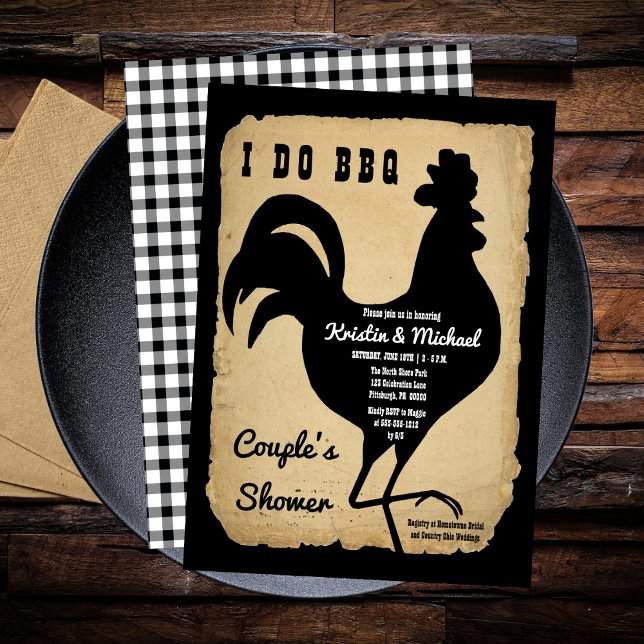 Convites Galinha Rustic Country Eu Faço Chá CHURRASCO Casal (Rustic Country Rooster Chicken BBQ Couple's Shower Invitation)