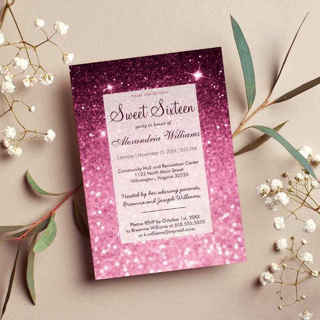 Convites Galm girly pink burgunter bokeh Sweet 16 (Galm girly pink burgundy glitter bokeh Sweet 16 Invitation )