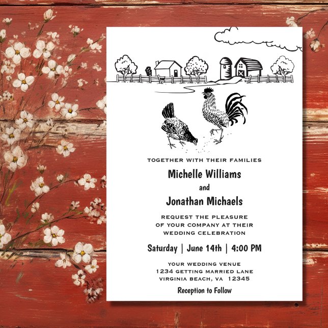 Convites Galo e Galinha Encantando Casamento de Fazendas (Front - Rooster and Hen Chickens Charming Farm Wedding Invitation)