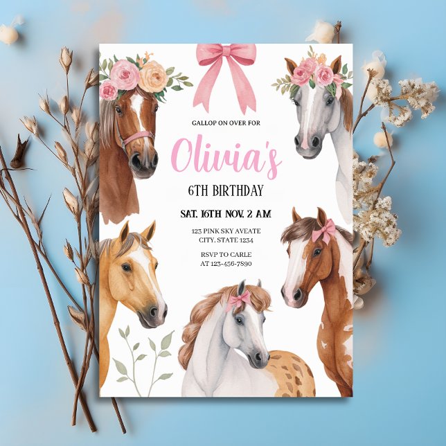 Convites Galopem Florais Cavalos e Arcos de Aniversário (Gallop On Over Floral Horses & Bows Birthday Invitation
)