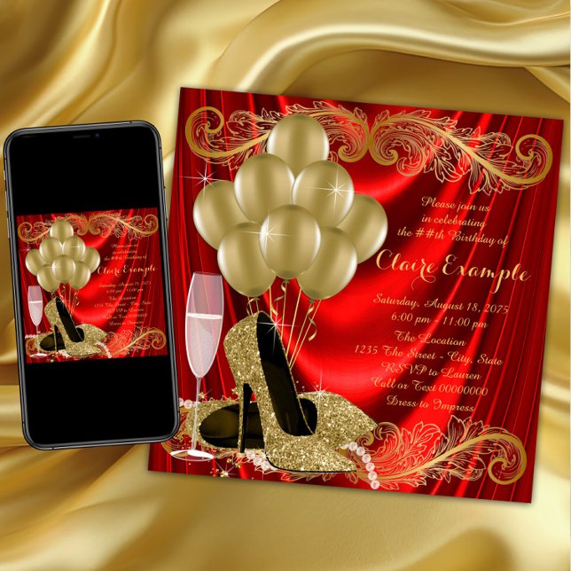 Convites Gama de Festas de aniversário Vermelha e Dourada (Womans red and gold birthday party invitation with gold high heel shoes, pearls and balloons.)
