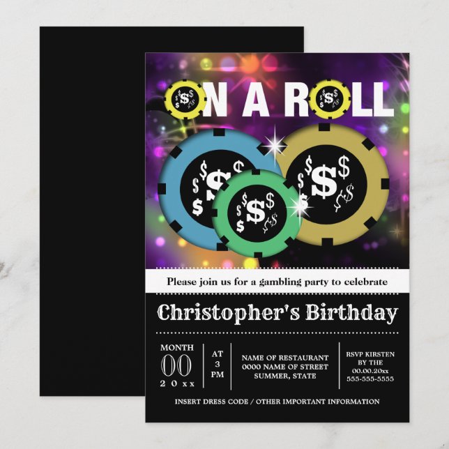Convites Gambling roulette chips vegas party disco (Frente/Verso)