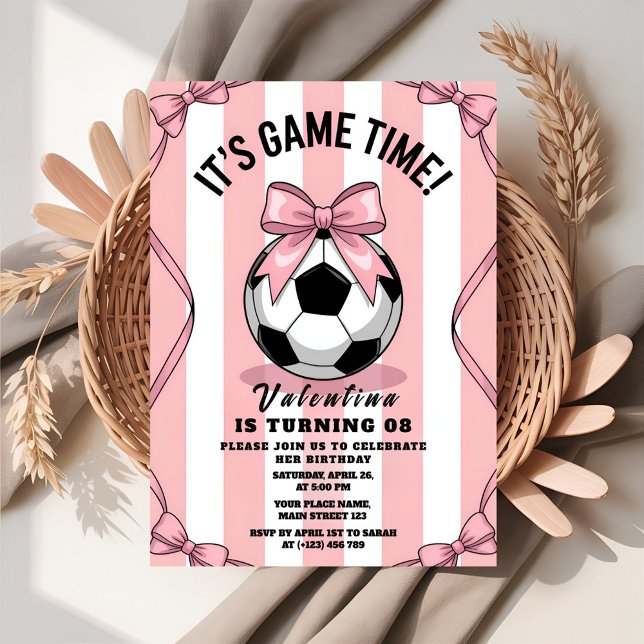 Convites Game Day Girl Soccer Pink Bow (Criador carregado)