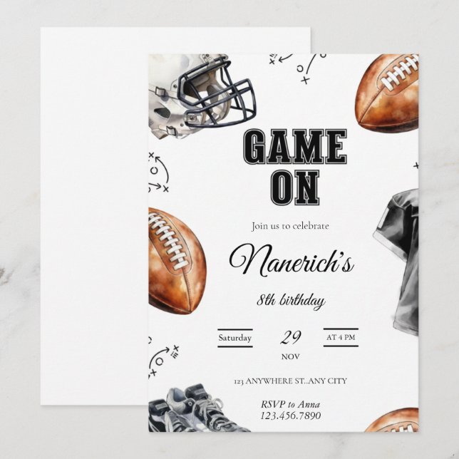 Convites Game On Football Birthday Party Invitation (Frente/Verso)