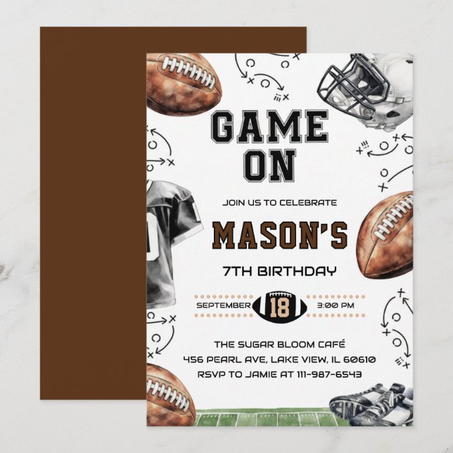 Convites Game On Football Birthday Party Invitation (Frente/Verso)