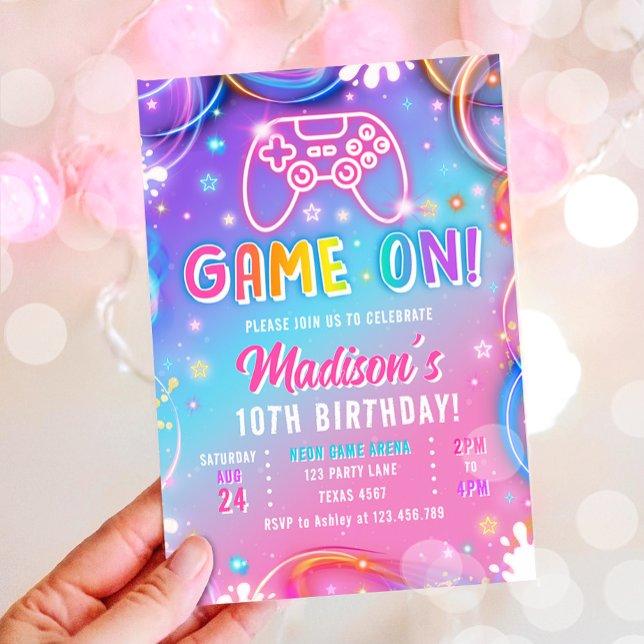 Convites Game On Videogame Arcade VR Neon Girl Birthday (Criador carregado)