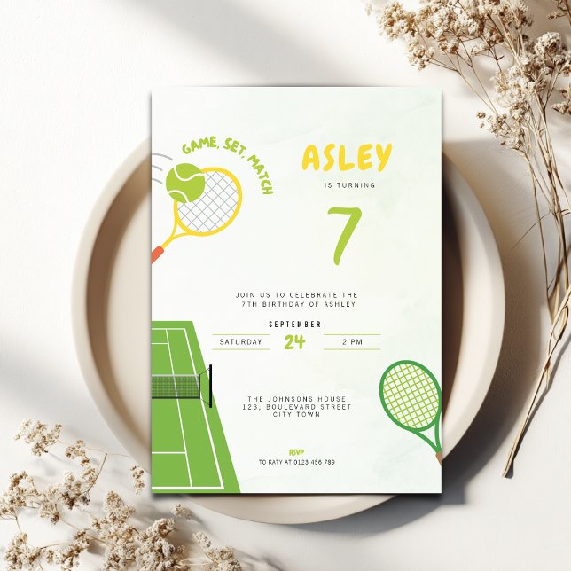 Convites Game, Set, Match Tennis Party Trendy 7th Birthday (Tennis Themed 7th birthday invitation for boys and girls)