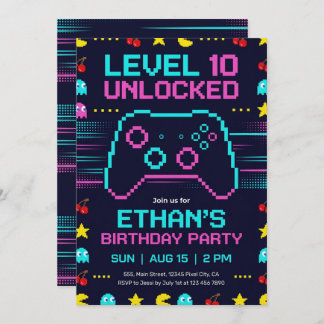 Convites Gamer Birthday Invitation  Pixel Video Game Party