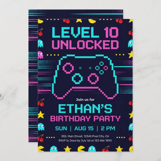 Convites Gamer Birthday Invitation  Pixel Video Game Party (Frente/Verso)