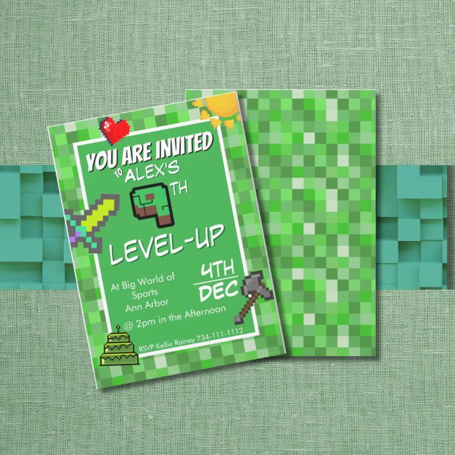 Convites Gamer's Birthday Invitation Green Pixels (Criador carregado)